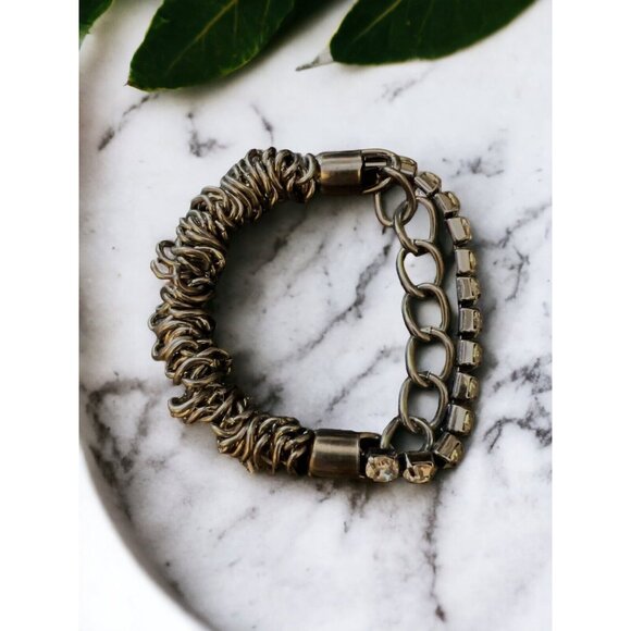 Heavy Silver Metal Rings Chain & Faux Diamond Stretchy Bracelet - Picture 1 of 5